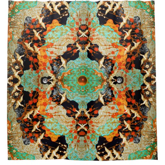 オレンジ飛んでいる色の宝石を春の花付きクレーン シャワーカーテン (正面)