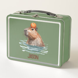 オレンジ魅力的と子供の名前が付いたかわいいカピバラ メタルランチボックス