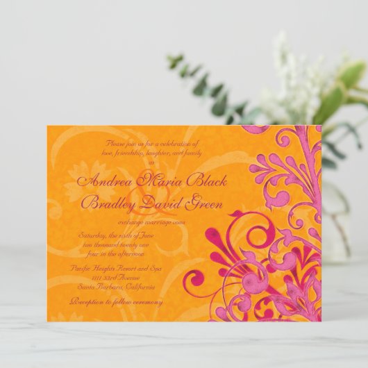 オレンジ鮮やかとピンクのフローラ結婚式招待状 招待状 (スタンド正面)