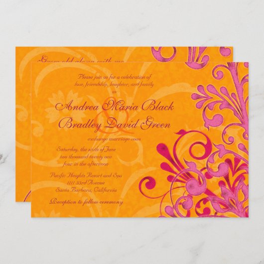 オレンジ鮮やかとピンクのフローラ結婚式招待状 招待状 (正面/裏面)