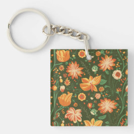 オレンジ鮮やかと黄色の開花付き花柄 キーホルダー