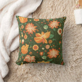 オレンジ鮮やかと黄色の開花付き花柄 クッション (ブランケット)