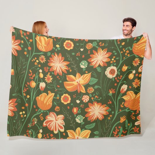 オレンジ鮮やかと黄色の開花付き花柄 フリースブランケット (インサイチュ)