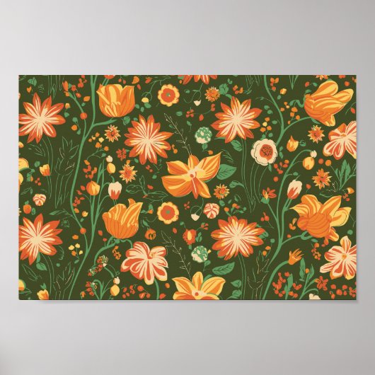 オレンジ鮮やかと黄色の開花付き花柄 ポスター (正面)