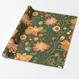 オレンジ鮮やかと黄色の開花付き花柄 ラッピングペーパー