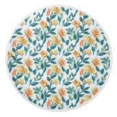 オレンジ鮮やか色と黄色のバラ模様の水色 セラミックノブ (正面)