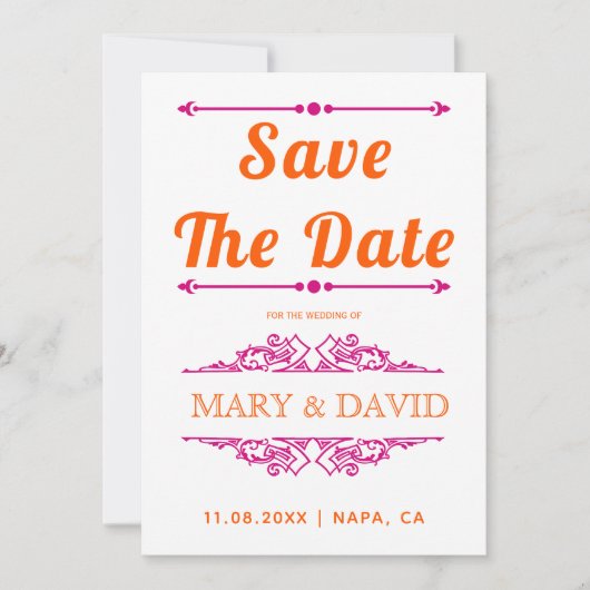 オレンジ鮮やか色のマゼンタタイポグラフィ日付の保存 セーブザデート (正面)
