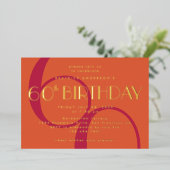 オレンジ鮮やか色マゼンタ60番目の誕生日金ゴールド 箔招待状 (立ち正面)