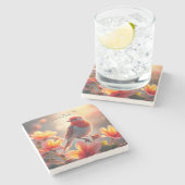 オレンジ鳥花柄ストーンコースター ストーンコースター (横)