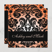 オレンジ黒い花のダマスク織の結婚式招待状 招待状 (正面/裏面)