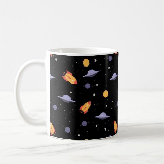 オレンジ黒の宇宙船UFOパターン コーヒーマグカップ (左)