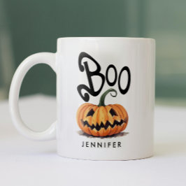 オレンジ黒ハロウィンカボチャ名のスプーキー・ブー ツートーンマグカップ