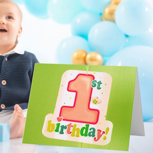 オレンジ1st誕生日ラベルオングリーンドア カード