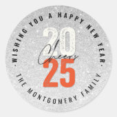 オレンジ2025 シルバーグリッター 新年の乾杯 ラウンドシール (正面)