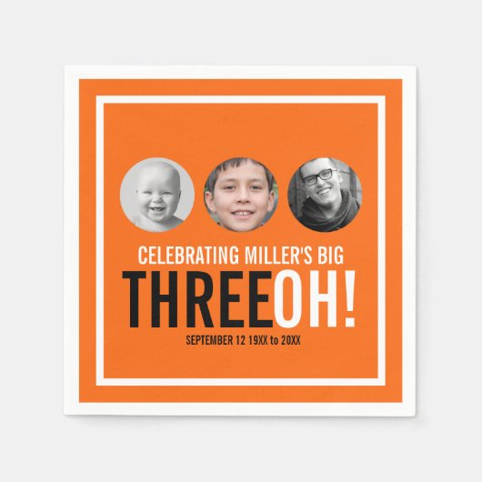 オレンジ30歳の誕生日ビッグスリーオ!カスタム写真 スタンダードカクテルナプキン (正面)