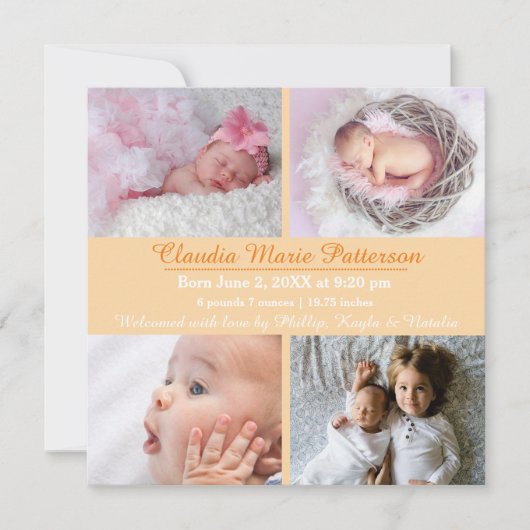 オレンジ4枚の写真 – 誕生のお知らせ 案内状 (正面)