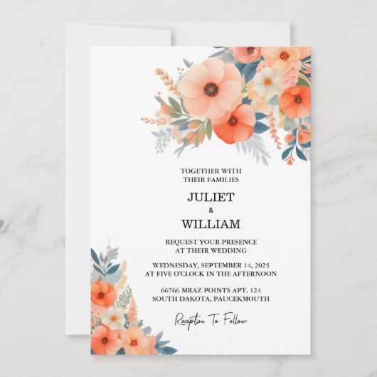 オレンジ70年代80年代90年代ピンクピーチカラフルズ結婚 招待状 (正面)