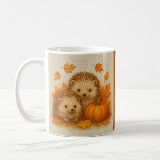 オレンジ かわいい 秋 はりねずみ かぼちゃ 葉 コーヒーマグカップ (左)