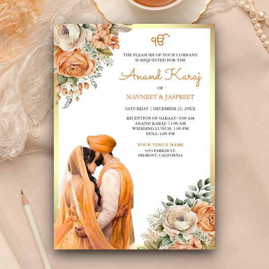 オレンジ アイボリー 花柄 Anand Karaj シク教 ウェディング 招待状