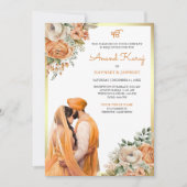 オレンジ アイボリー 花柄 Anand Karaj シク教 ウェディング 招待状 (正面)