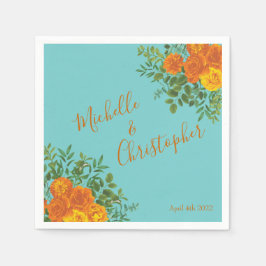 オレンジ&アクア結婚ズモダンフローラ スタンダードカクテルナプキン