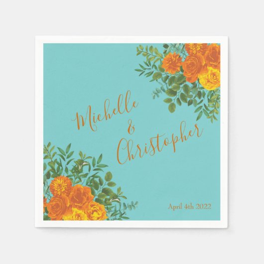 オレンジ&アクア結婚ズモダンフローラ スタンダードカクテルナプキン (正面)