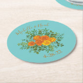 オレンジ&アクア結婚ズモダンフローラ ラウンドペーパーコースター (アングル)