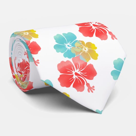 オレンジ/アクア/イエローハイビスカス/ハワイアン フローラル ネクタイ (ロール)