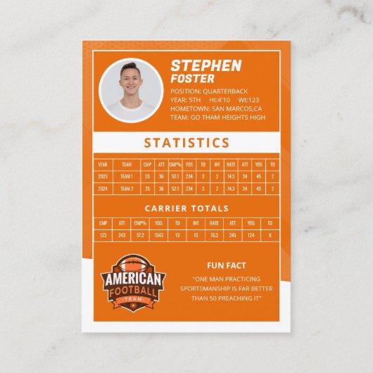 オレンジ・アメリカンフットボール選手トレーディングカード コーリングカード (裏面)