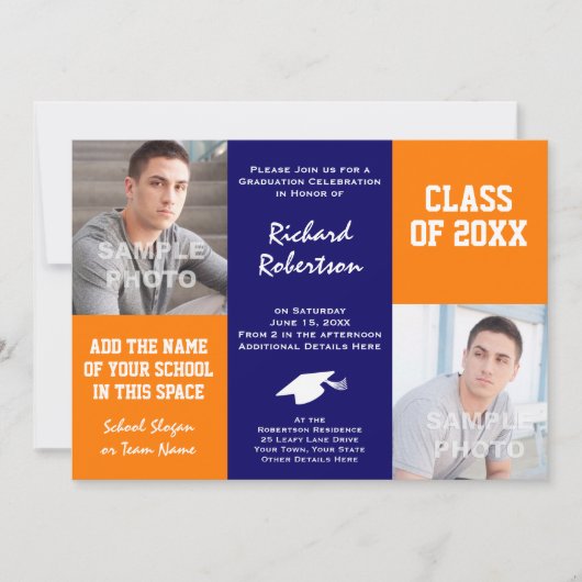 オレンジ·アンド·ネイビー·ブルー·カスタムアスリート卒業 招待状 (正面)