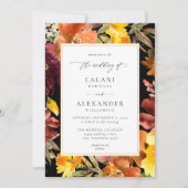 オレンジ＆イエローの秋の花のウェディング -3 ブラック 招待状 (正面)