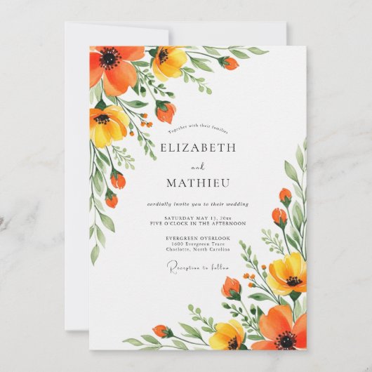 オレンジ＋イエローの花の華麗なウェディング 招待状 (正面)