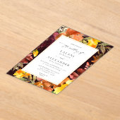 オレンジ&イエロー秋フローラ結婚ズ–3 Burgundy アクリル招待状 (レイダウン)