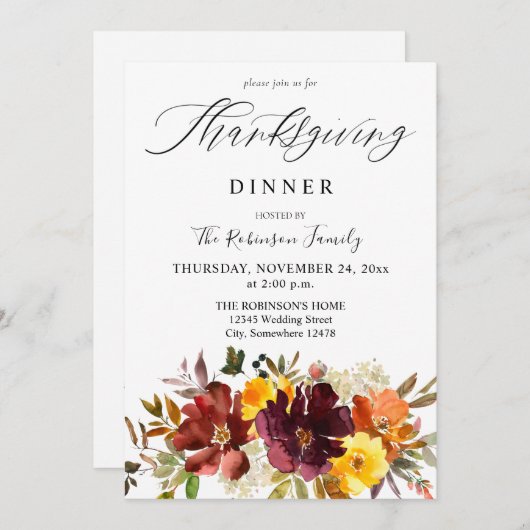 オレンジ&イエロー金ゴールド秋フローラ感謝祭S1 招待状 (正面/裏面)