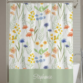 オレンジ　イエロー　ブルー　水彩画　ワイルドフラワーモノグラム シャワーカーテン