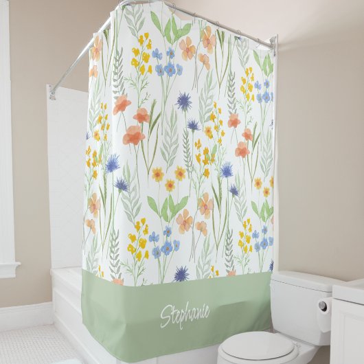 オレンジ イエロー ブルー 水彩 花柄 モノグラム シャワーカーテン