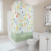 オレンジ イエロー ブルー 水彩 花柄 モノグラム シャワーカーテン (インサイチュ)