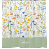 オレンジ イエロー ブルー 水彩 花柄 モノグラム シャワーカーテン (正面)