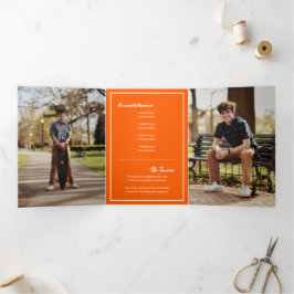 オレンジ エッジー アブストラクト ティアード フォト 卒業 三つ折り招待状