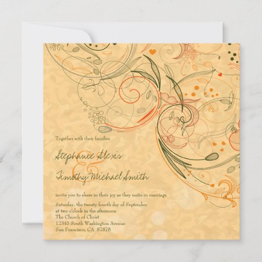 オレンジ+オリーブフローラ旋回結婚式招待状 招待状 (正面)