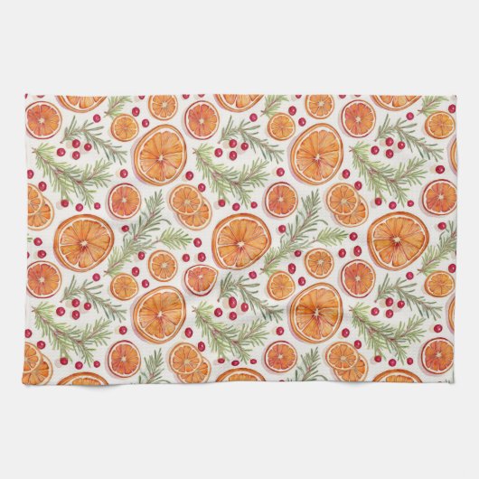 オレンジ、クランベリーとローズマリーホリデーウォーター色 キッチンタオル (横)