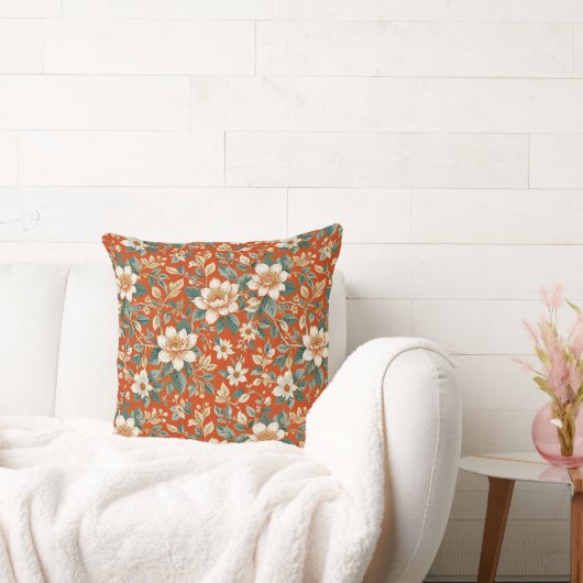 オレンジ、クリーム、ティール(緑がかった色)コテージフローラ クッション (ソファ)