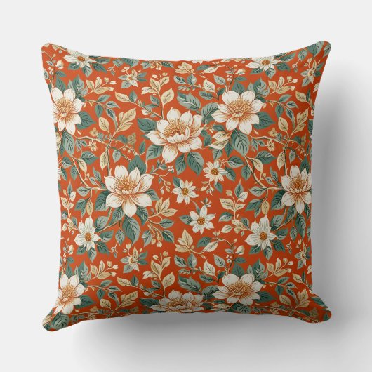 オレンジ、クリーム、ティール(緑がかった色)コテージフローラ クッション (裏面)