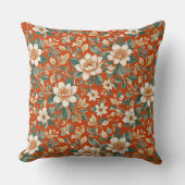 オレンジ、クリーム、ティール(緑がかった色)コテージフローラ クッション (正面)