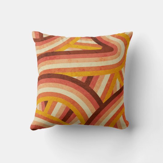 オレンジ/クリーム/ブラウンレトロレインボーストライプパターン クッション (裏面)