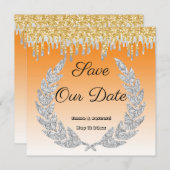 オレンジ、グラデーションダイヤモンドローレル、金ゴールド滴下 招待状 (正面/裏面)