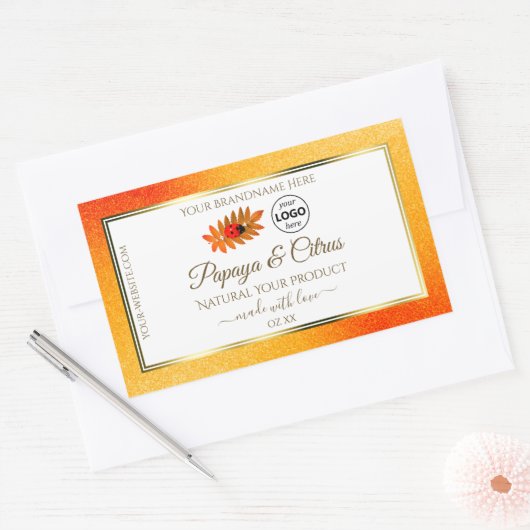 オレンジ グリッター ホワイト プロダクト ラベル ハート型 キノコ ロゴ (封筒)