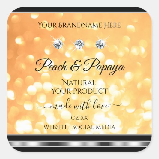 オレンジ グリッター 製品ラベル キラキラ輝くダイヤモンド スクエアシール (正面)