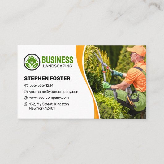 オレンジ&グリーンガーデン造園ローンケアモーイング 名刺 (正面)