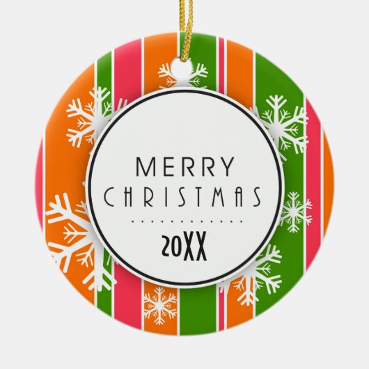 オレンジ&グリーンメリークリスマス日付写真 セラミックオーナメント (正面)